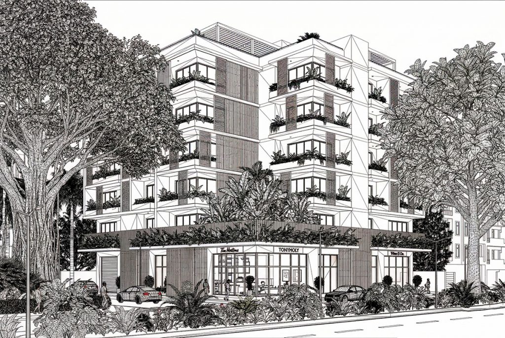 Visualização da malha de polígonos (wireframe) de um edifício moderno, demonstrando a complexidade técnica da modelagem 3D para maquete eletrônica.