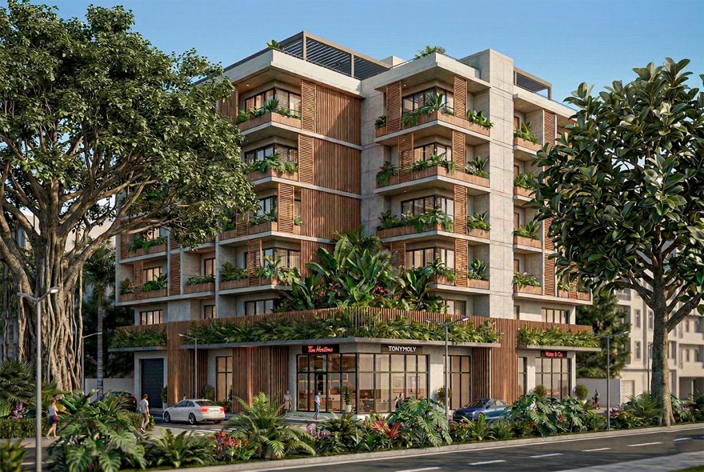 Maquete eletrônica fotorrealista de prédio residencial moderno com fachada de concreto e madeira, ilustrando a qualidade gráfica que define o preço do serviço.