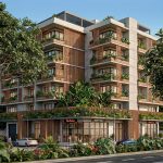 Maquete eletrônica fotorrealista de prédio residencial moderno com fachada de concreto e madeira, ilustrando a qualidade gráfica que define o preço do serviço.