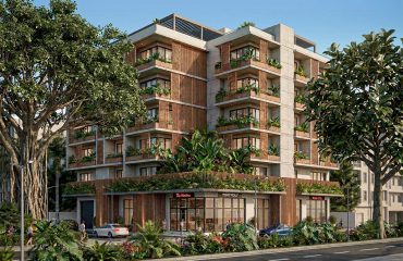 Maquete eletrônica fotorrealista de prédio residencial moderno com fachada de concreto e madeira, ilustrando a qualidade gráfica que define o preço do serviço.