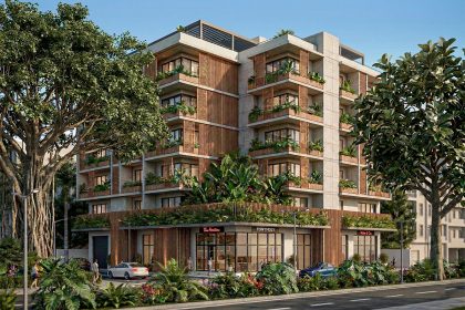 Maquete eletrônica fotorrealista de prédio residencial moderno com fachada de concreto e madeira, ilustrando a qualidade gráfica que define o preço do serviço.