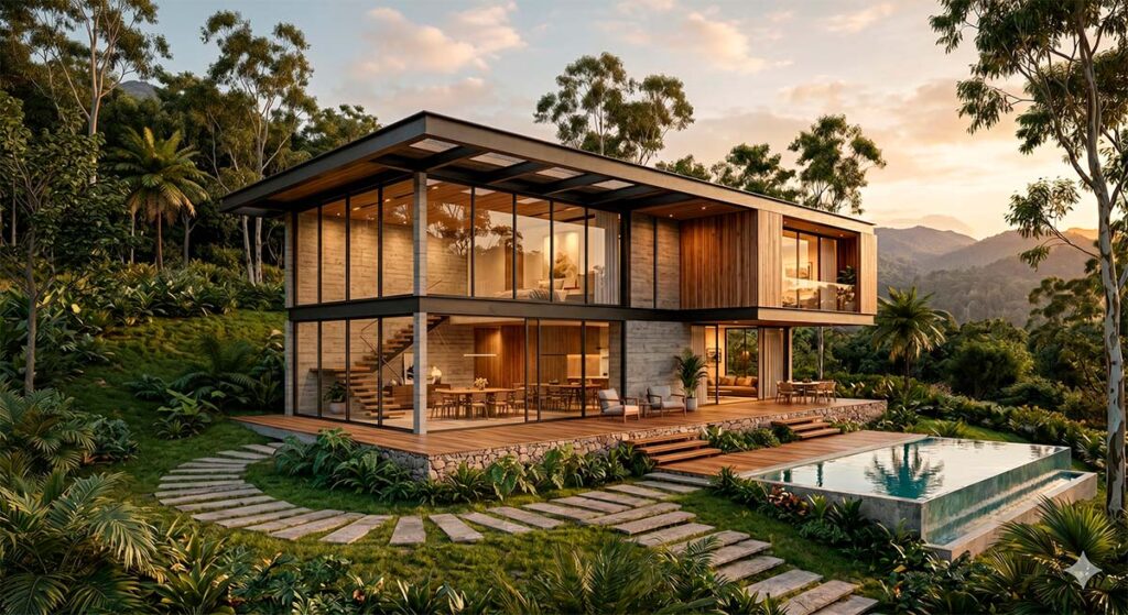 Renderização final de projeto 3D residencial fotorrealista com piscina e iluminação de pôr do sol.