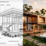 Transição entre wireframe técnico e render fotorrealista de um projeto 3D de alto padrão para arquitetura.