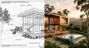 Transição entre wireframe técnico e render fotorrealista de um projeto 3D de alto padrão para arquitetura.