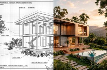 Transição entre wireframe técnico e render fotorrealista de um projeto 3D de alto padrão para arquitetura.