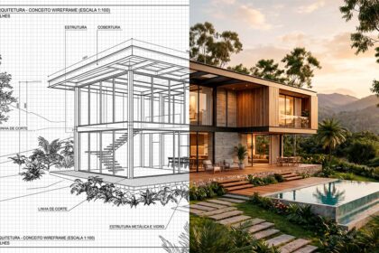 Transição entre wireframe técnico e render fotorrealista de um projeto 3D de alto padrão para arquitetura.