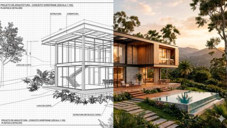 Transição entre wireframe técnico e render fotorrealista de um projeto 3D de alto padrão para arquitetura.