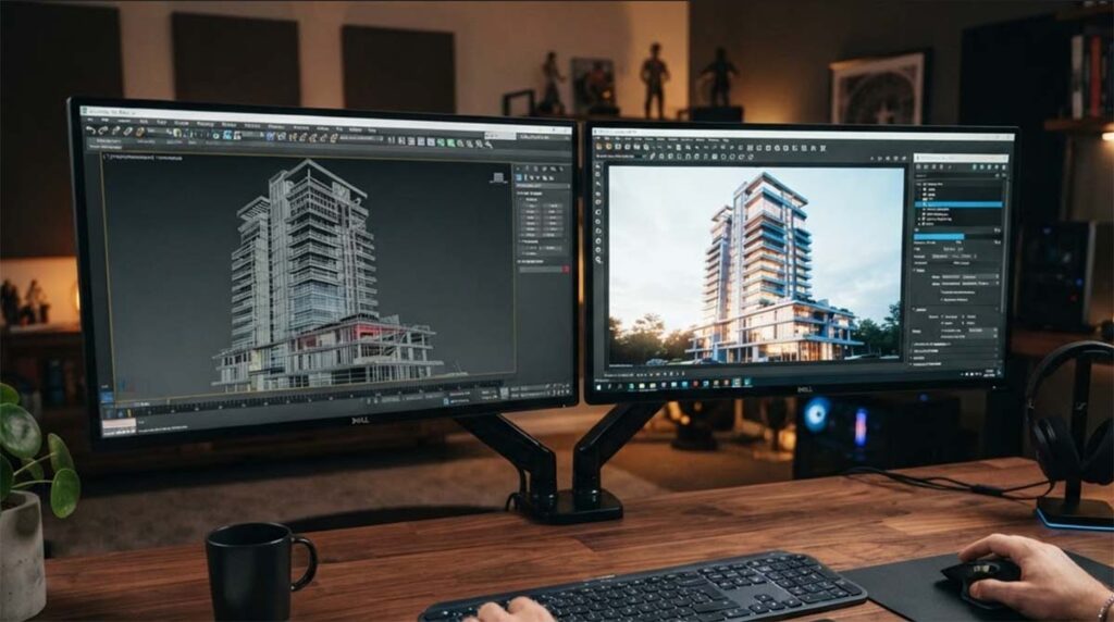 Estação de trabalho profissional exibindo a interface de um programa para fazer projeto 3D de arquitetura em monitores de alta resolução.