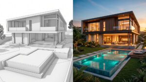 Comparação de antes e depois de um projeto 3D de arquitetura, mostrando o modelo volumétrico branco à esquerda e o render hiper-realista de uma fachada moderna com piscina ao entardecer à direita.