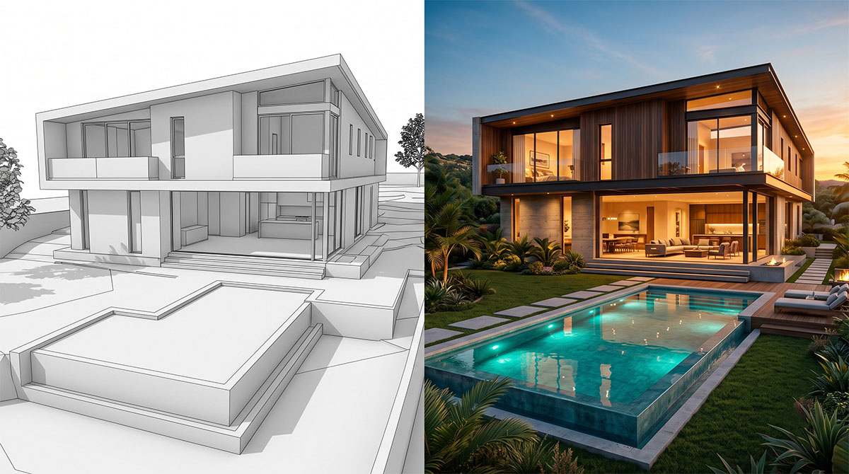 Comparação de antes e depois de um projeto 3D de arquitetura, mostrando o modelo volumétrico branco à esquerda e o render hiper-realista de uma fachada moderna com piscina ao entardecer à direita.