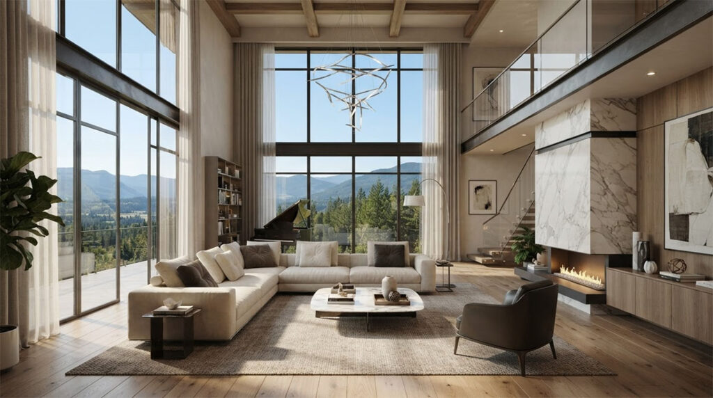 Projeto 3D de interiores de alto padrão mostrando uma sala de estar luxuosa com pé direito duplo, móveis modernos e iluminação natural.