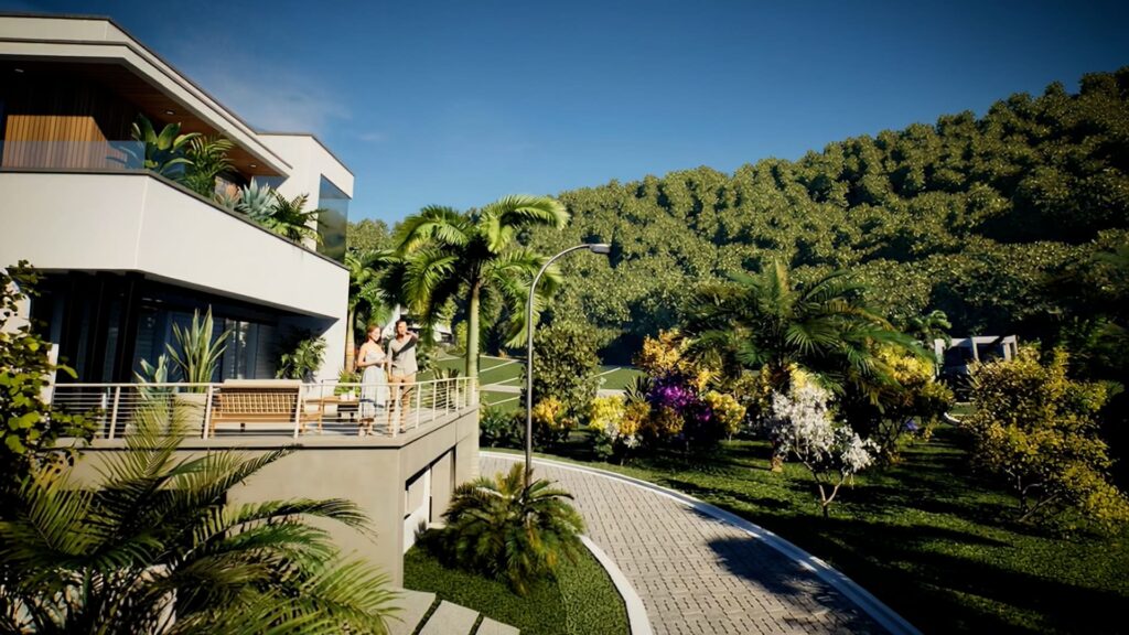 Maquete eletrônica 3D de uma casa moderna de alto padrão com um casal na varanda apreciando a vista. Destaque para o rico paisagismo com palmeiras, rua pavimentada em bloquetes e um morro coberto por floresta ao fundo. Projeto criado pela Pixel Blend.