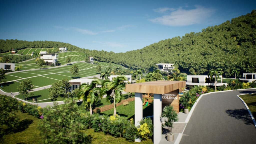 Maquete eletrônica 3D com vista panorâmica elevada do Residencial Colinas, mostrando a topografia acidentada, a rede de ruas pavimentadas e os socalcos de lotes demarcados com linhas brancas nas encostas verdes. Várias casas modernas estão construídas nos lotes, e a floresta circundante é visível no horizonte. O pórtico de entrada e a área de lazer estão na parte inferior da imagem. Criado por Pixel Blend.