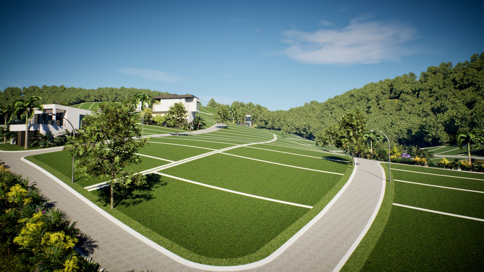 Maquete eletrônica 3D da área de lazer e pórtico de entrada do Residencial Colinas, mostrando playgrounds, palmeiras e paisagismo integrado aos lotes nas encostas verdes. Criado por Pixel Blend.